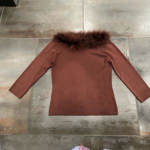 Vintage Silk chocolate brown boat neck feather neck 3/4 sleeve top